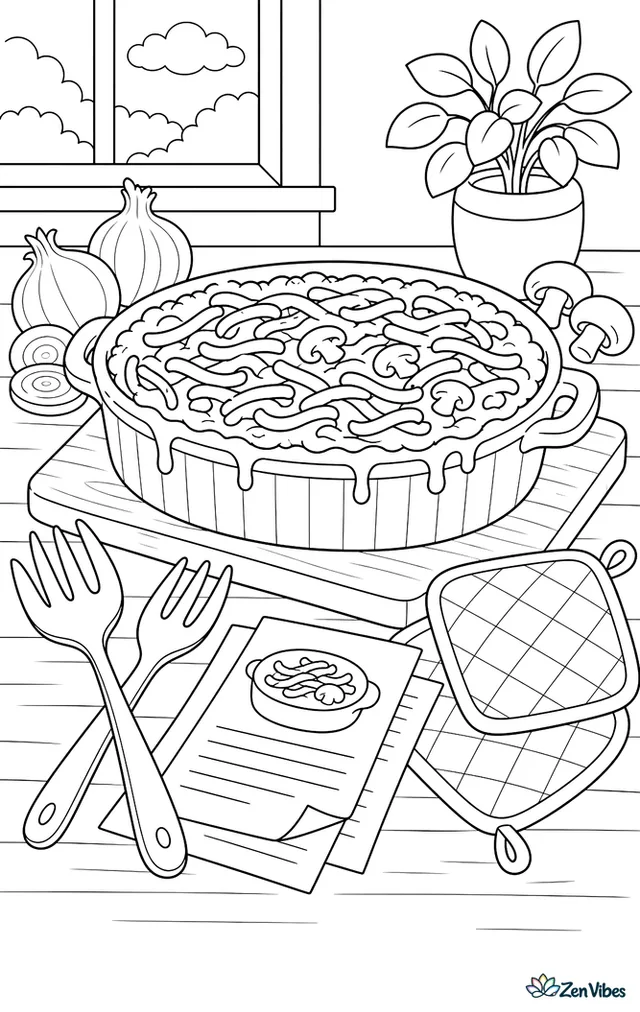 A bubbling green bean casserole rests on a wooden board, with onions, mushrooms, serving forks, hot pads, and printed recipe pages spread across the kitchen table.