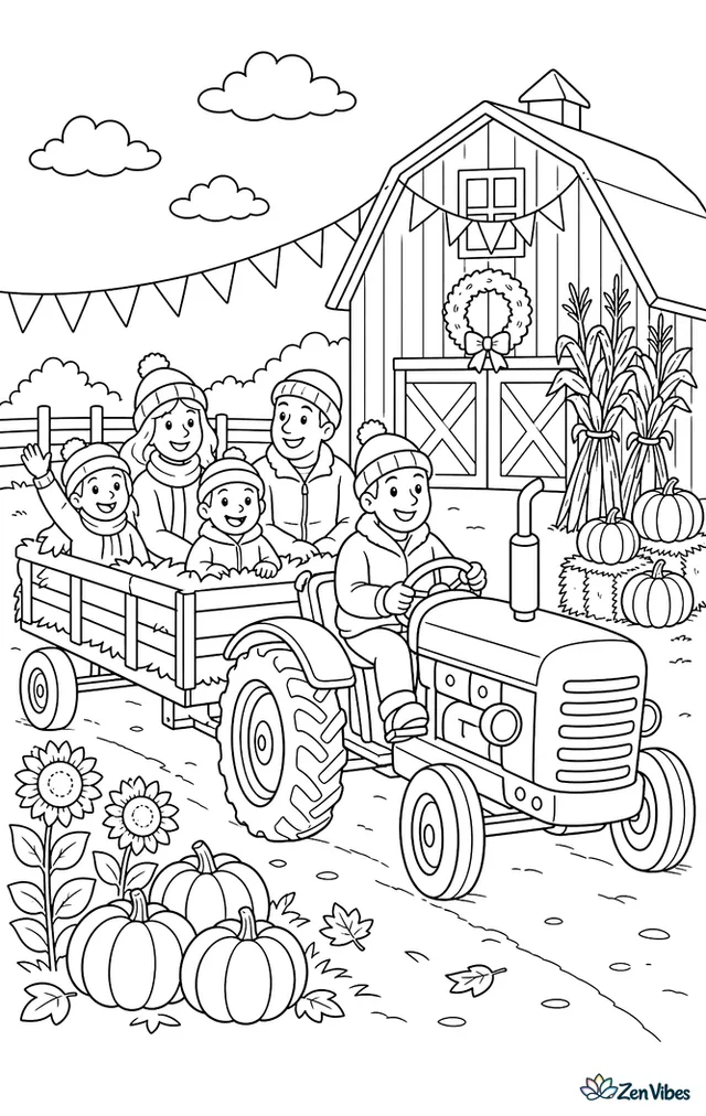 A tractor pulls a hay wagon toward a decorated barn, carrying families past sunflower stalks, stacked pumpkins, corn shocks, and fluttering pennants on a chilly afternoon.