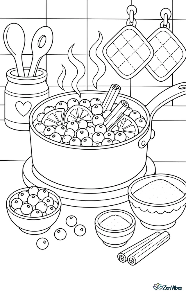 Fresh cranberries simmer in a saucepan with orange slices and cinnamon, while wooden spoons, sugar bowls, potholders, and a tiled backsplash frame the cozy cooking scene.