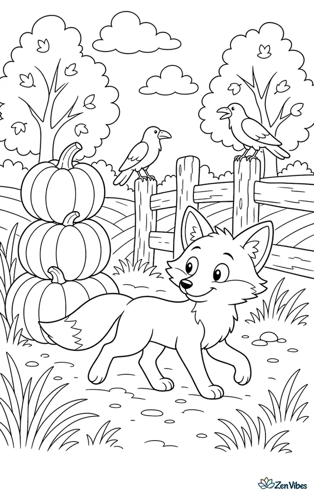 A red fox trots past stacked pumpkins at the edge of a farm field, with grasses, crows, a weathered fence, and amber trees under a cloudy sky.
