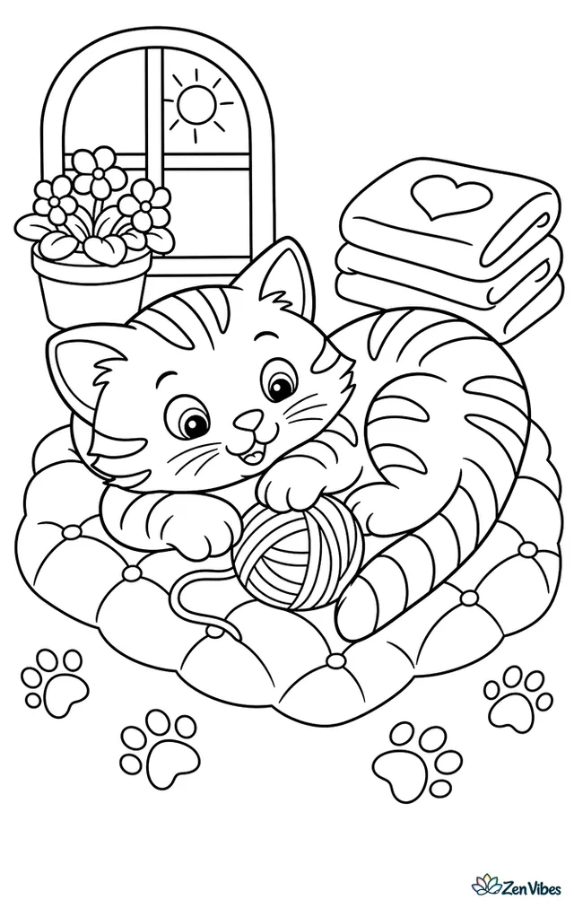 A striped tabby kitten curls into a heart shape on a quilted cushion, batting a yarn ball while tiny paw prints, folded blankets, and a sunny window with potted violets surround it.