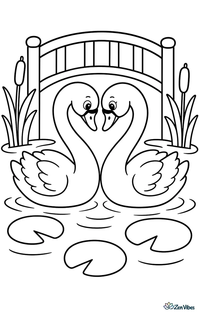 Two mute swans face each other so their necks form a heart, drifting on a calm pond with round lily pads, cattails, smooth ripples, and a small wooden footbridge behind them.