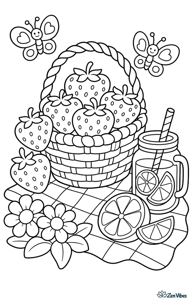 A wicker basket overflows with heart-shaped strawberries on a picnic cloth, while daisy flowers, a lemonade jar, sliced fruit, and fluttering butterflies sit around the cheerful summer scene.