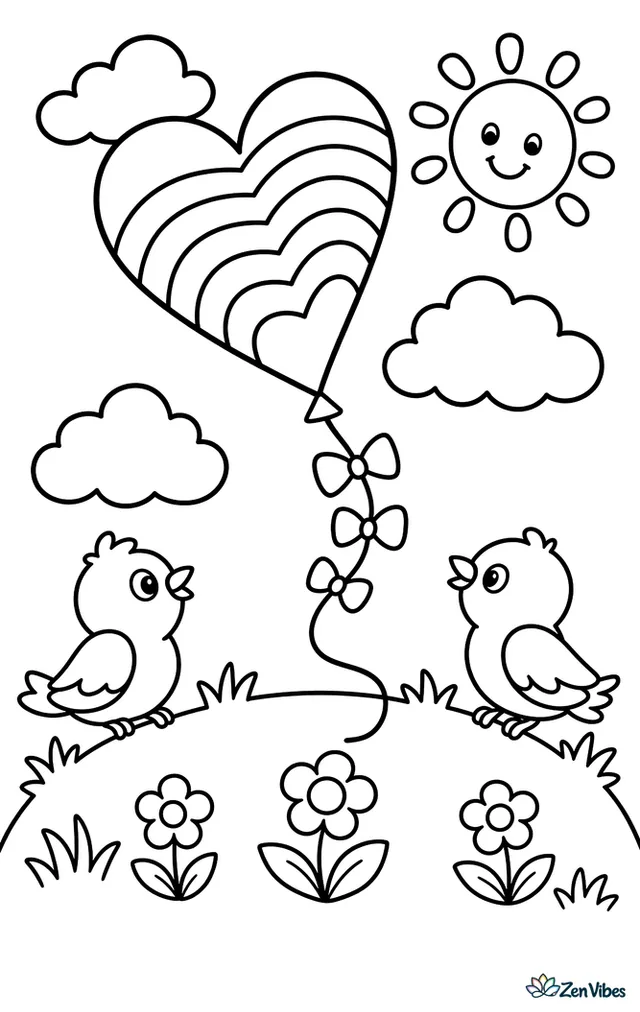 A heart-shaped rainbow kite floats above a grassy hill, tugging its string as two bluebirds perch nearby, with puffy clouds, a smiling sun, and tiny wildflowers below.