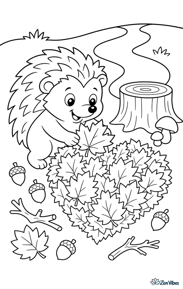 A hedgehog gathers maple leaves into a heart-shaped pile beside a tree stump, with acorns, mushrooms, fallen twigs, and a winding garden path nearby.
