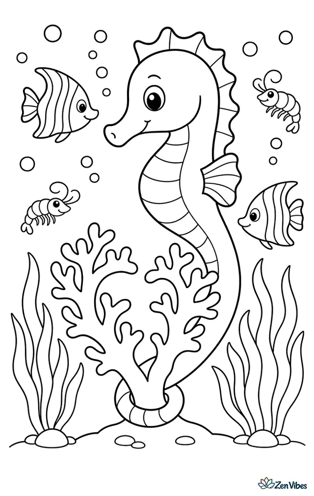 A lined seahorse loops its tail around pink coral shaped like a heart, surrounded by sea grass, bubbles, tiny shrimp, and striped fish in clear water.