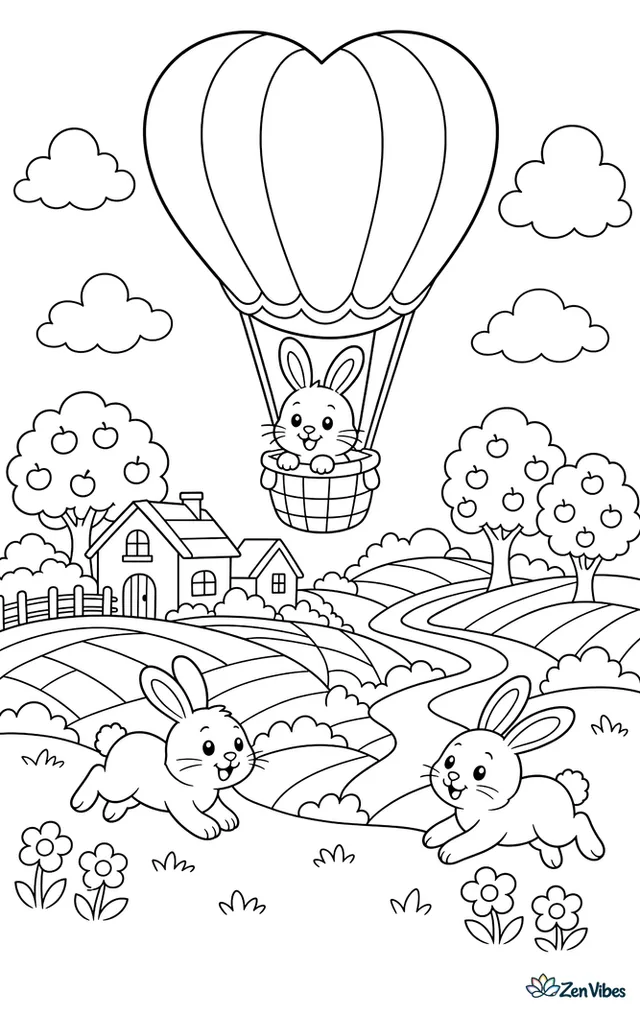 A heart-shaped hot air balloon rises over patchwork fields, while rabbits hop below and farmhouse roofs, orchard trees, fluffy clouds, and a winding river fill the landscape.