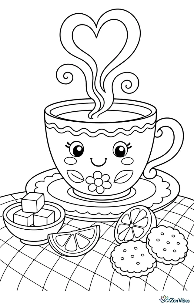 A porcelain teacup sends curling steam into a heart above a saucer, with sugar cubes, lemon slices, biscuits, and a checked tablecloth on a cozy breakfast table.
