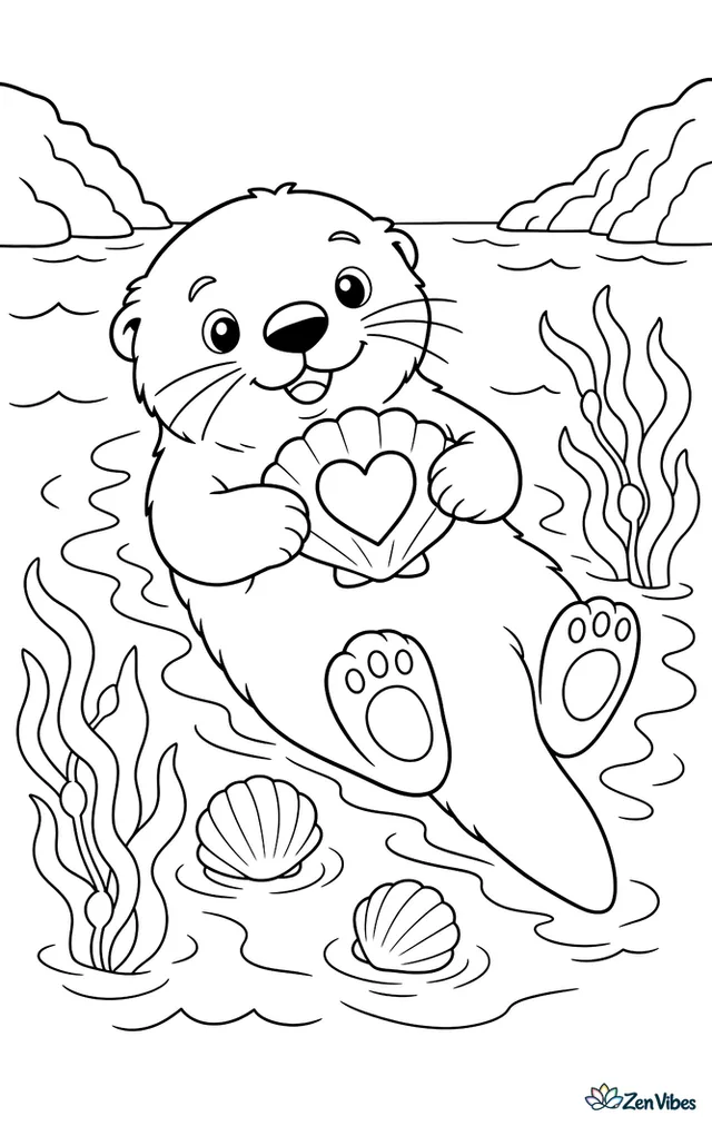 A sea otter floats on its back holding a clam shell marked with a heart, among kelp strands, bobbing shells, gentle waves, and distant rocky shorelines.
