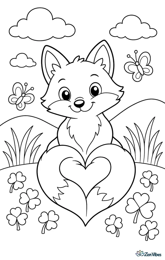 A red fox wraps its fluffy tail into a heart as it sits in a meadow, with clover patches, tall grasses, butterflies, and rolling hills under soft clouds.