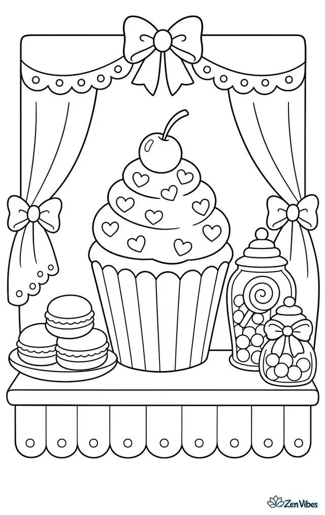 A frosted cupcake displays a cherry and heart sprinkles on top, sitting in a bakery window beside macarons, candy jars, ribbon bows, and lace curtains.
