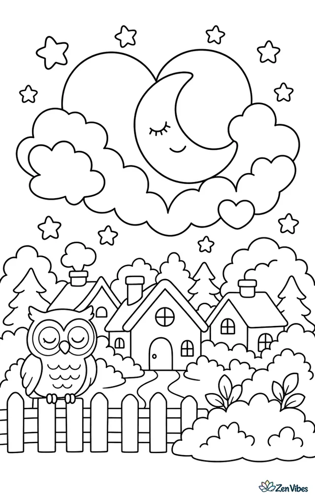 A crescent moon nestles inside heart-shaped clouds over a sleeping village, with chimney tops, twinkling stars, treetops, and an owl perched on a fence.
