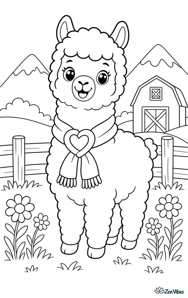 A fluffy alpaca wears a scarf tied into a heart shape while standing in a pasture, with fence posts, wildflowers, a barn, and distant mountains behind.