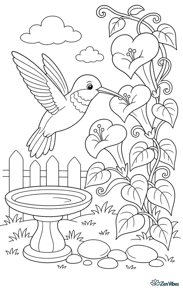 A ruby-throated hummingbird hovers at heart-shaped trumpet flowers on a vine, with curling tendrils, leaves, a birdbath, and garden stones below.