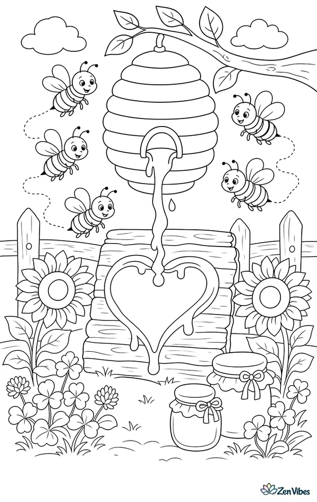 Honeybees circle a beehive while golden honey drips into a heart on a wooden board, surrounded by sunflowers, clover, jars, and a rustic fence.