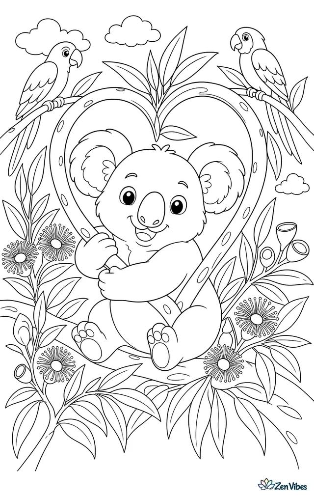 A koala hugs a eucalyptus branch bent into a heart, resting among leaves, blossoms, and neighboring branches while parrots and soft clouds appear in the background.
