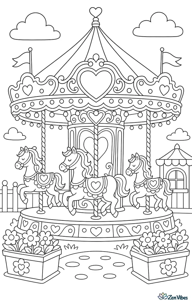 A vintage carousel spins with a central heart motif, as decorated horses rise and fall among striped canopies, hanging lights, ticket flags, and nearby flower boxes.
