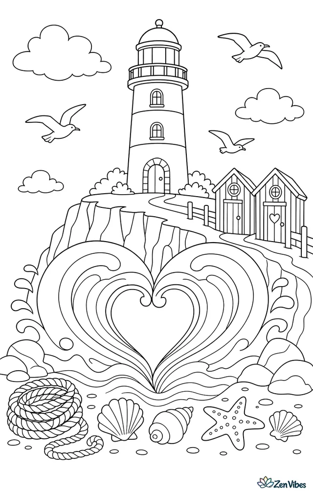 A seaside lighthouse stands on cliffs while two curling waves meet in a heart below, with seabirds, shells, rope coils, and striped beach huts nearby.