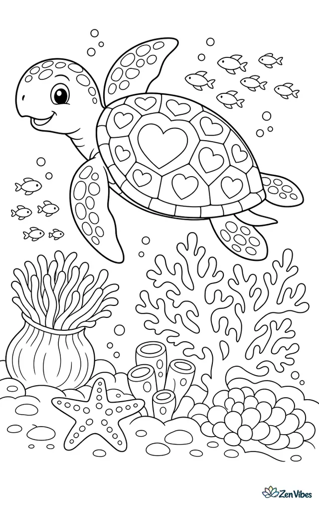 A green sea turtle glides over a reef with a heart pattern on its shell, passing anemones, starfish, branching coral, and schools of tiny fish.