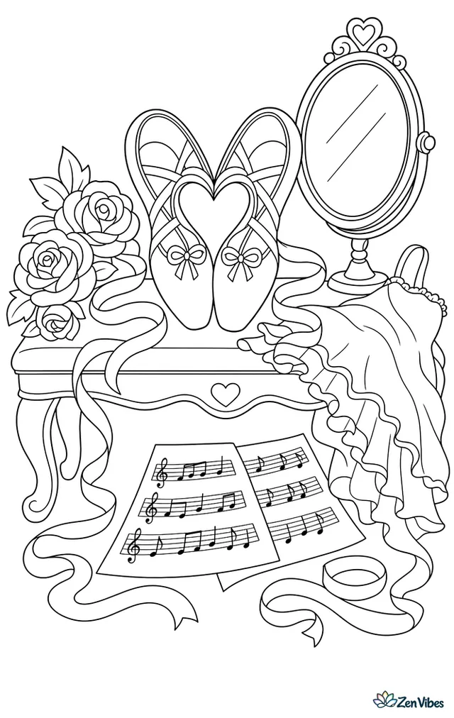 A pair of ballet slippers forms a heart on a dressing room bench, surrounded by ribbons, roses, a mirror, costume fabric, and scattered music sheets.