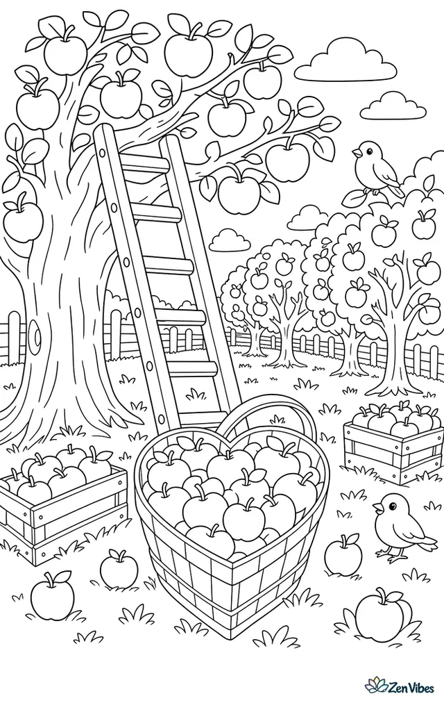 A ladder leans in an orchard where ripe apples fill a heart-shaped basket, with tree rows, fallen fruit, birds, and wooden crates along the grass.