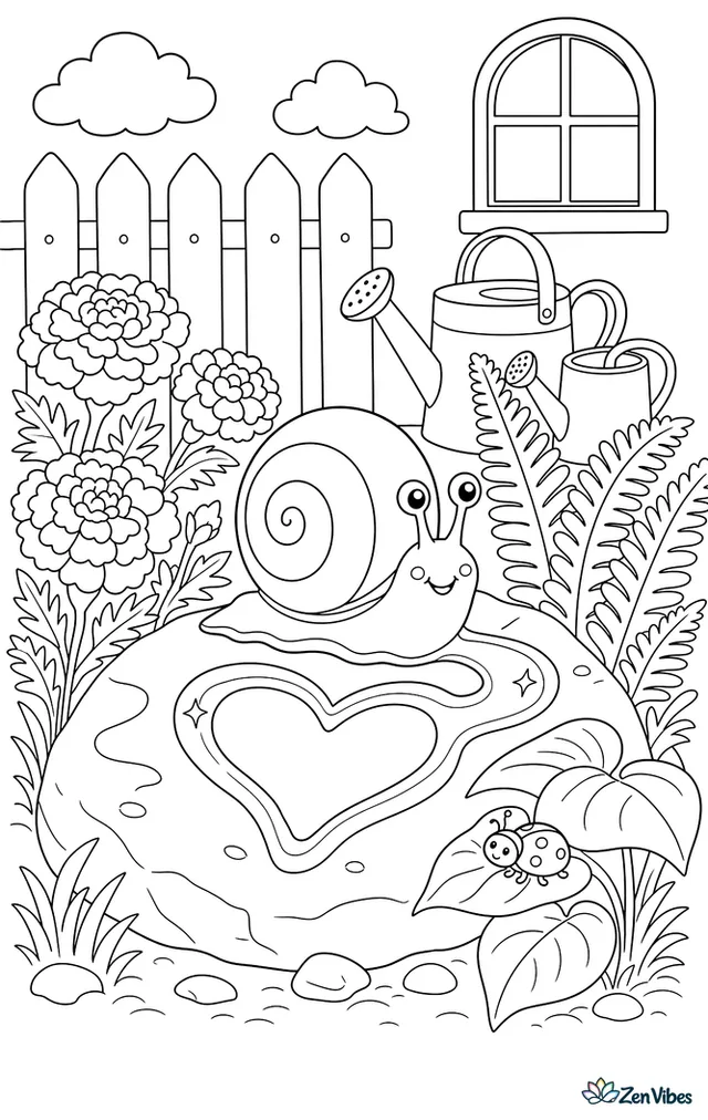 A garden snail trails a shiny heart-shaped path across a stone, passing marigolds, ferns, watering cans, and a tiny ladybug under broad leaves.