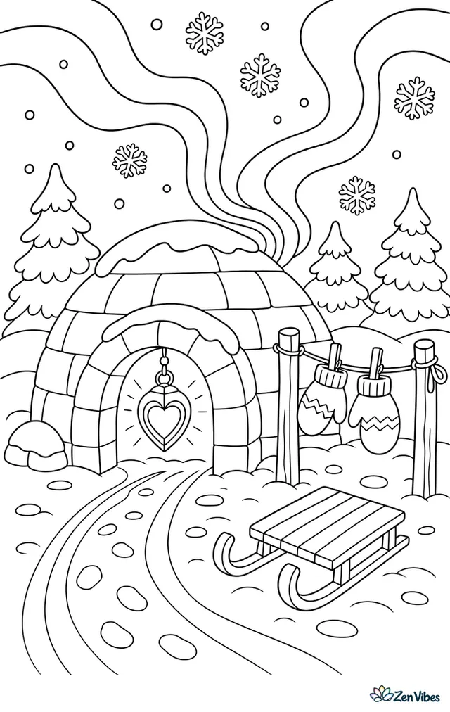 An igloo doorway glows with a heart-shaped lantern, while mittens dry on a line and snowflakes, sled tracks, pine trees, and northern lights fill the night.
