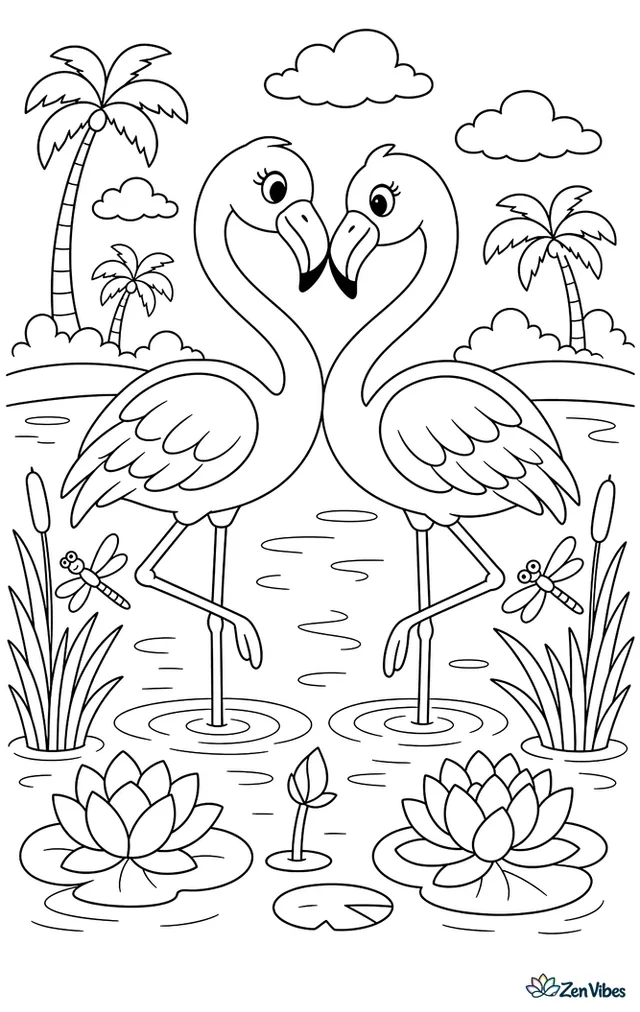 Two flamingos stand in shallow water with necks forming a heart, surrounded by reeds, lotus blooms, dragonflies, ripples, and distant palm trees.