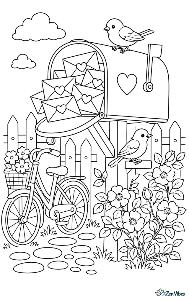 A red countryside mailbox overflows with heart-sealed letters, as sparrows perch on its post and wild roses, a bicycle, pebbles, and picket fencing surround it.