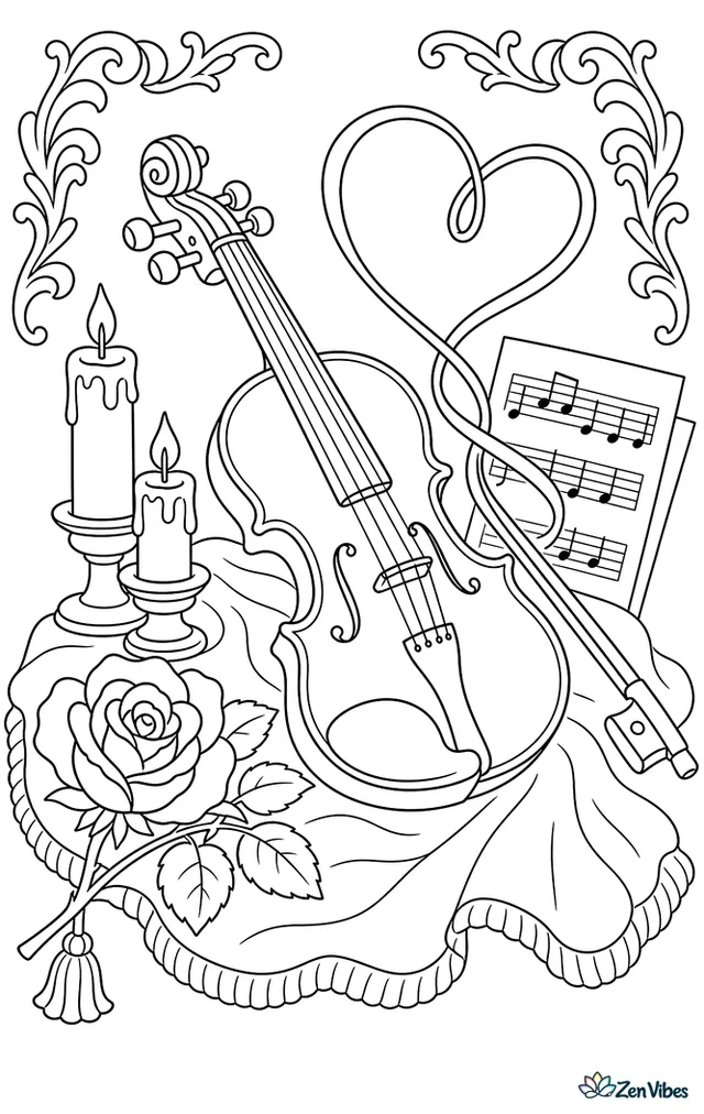 A violin rests on velvet cloth while its bow ribbon loops into a heart, with sheet music, candles, a rose, and ornate frame corners nearby.