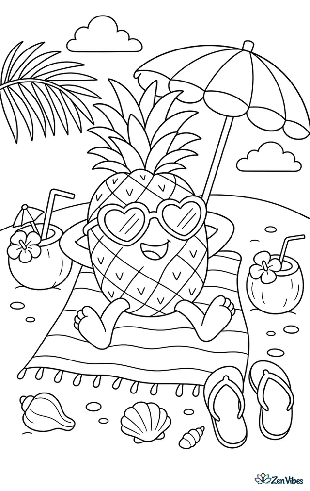 A pineapple wearing heart-shaped sunglasses relaxes on a beach towel, with coconut drinks, seashells, palm fronds, flip-flops, and a striped umbrella around it.