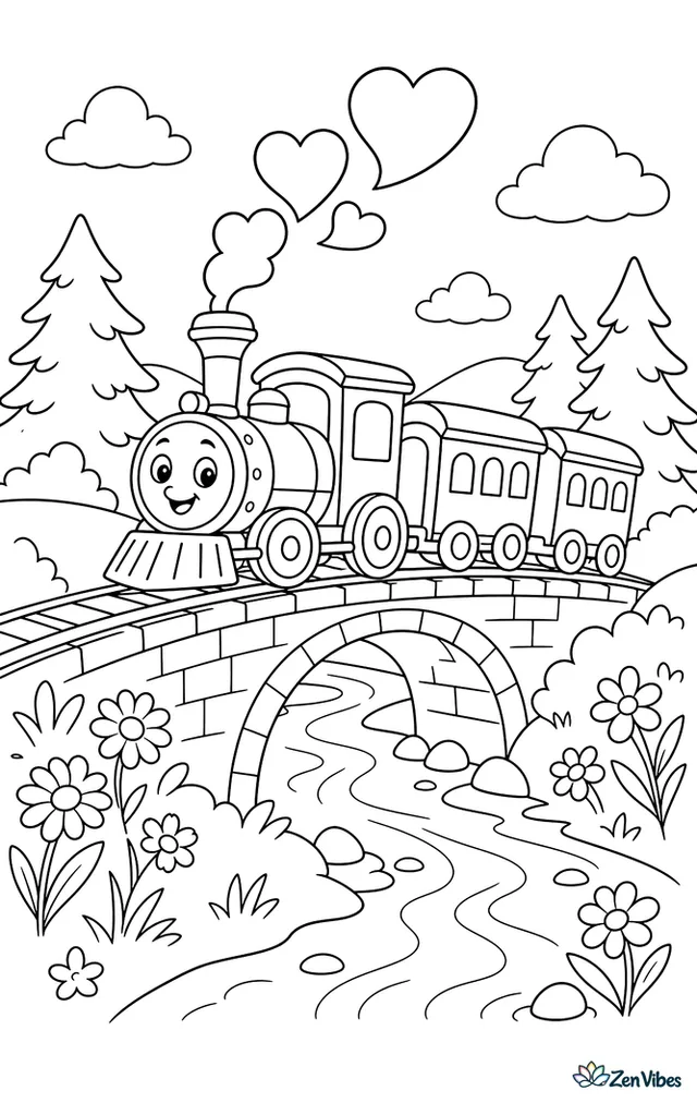 A little steam train crosses a bridge as its puffing smoke forms hearts, with pine trees, rolling hills, wildflowers, and a river winding beneath.