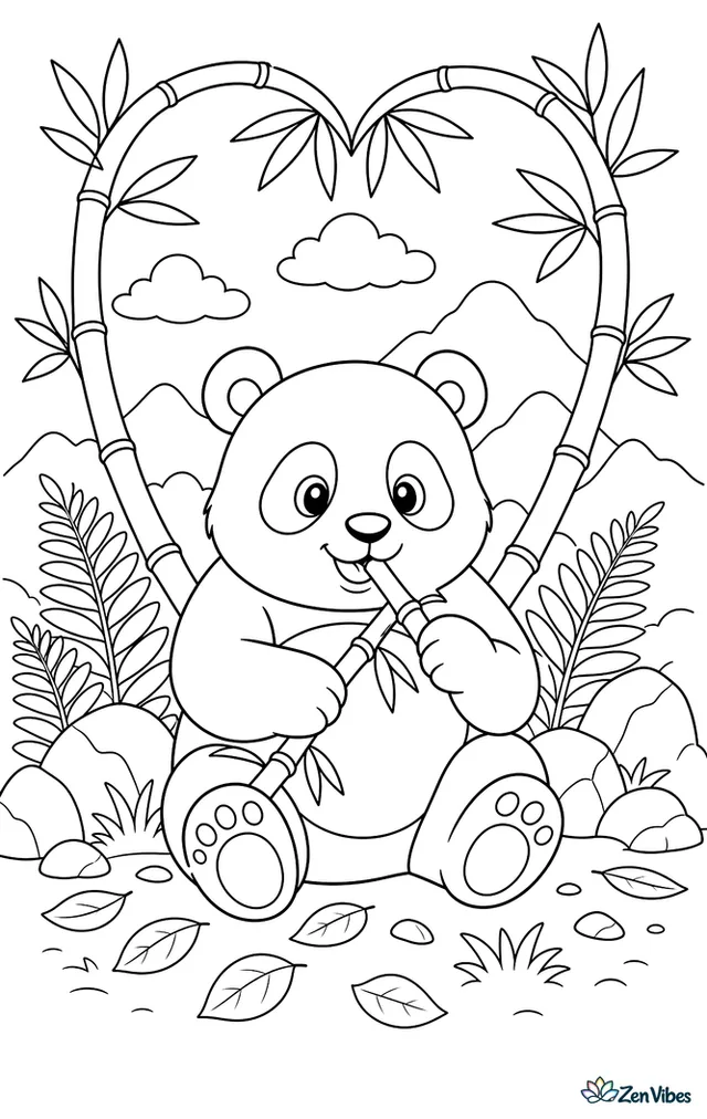 A giant panda sits munching bamboo while two stalks arch into a heart overhead, framed by rocks, ferns, fallen leaves, and distant misty hills.