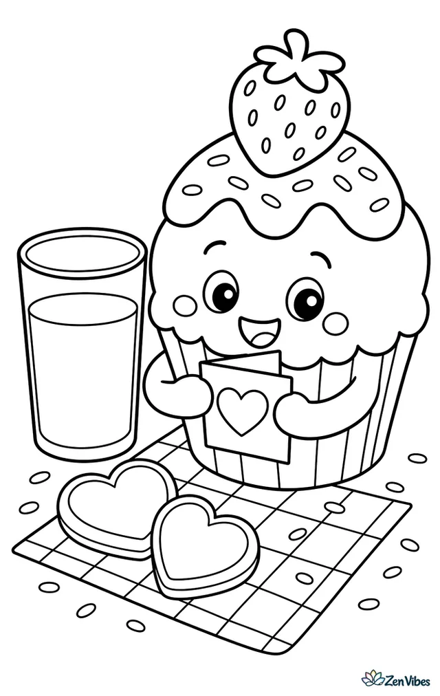 A smiling strawberry cupcake holds a tiny folded valentine beside a glass of milk, with scattered sprinkles, two heart cookies, and a simple checkered napkin on the table.