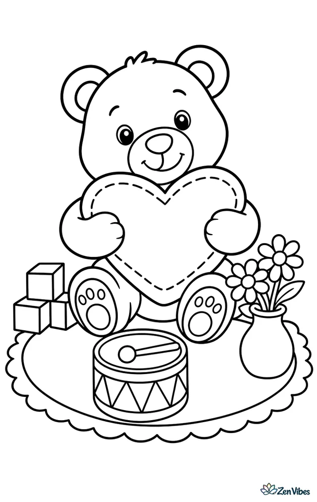 A plush teddy bear hugs a large stitched heart pillow while sitting on a bedroom rug, surrounded by building blocks, a toy drum, and a small vase of daisies.