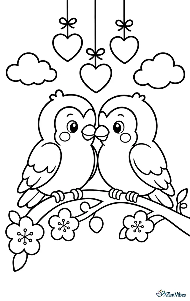 Two rosy-faced lovebirds sit close together on a flowering cherry branch, touching beaks as hanging hearts sway above and fluffy clouds float in the open sky.
