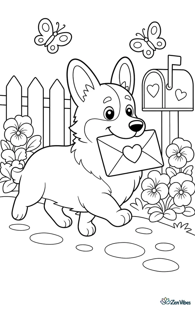 A corgi trots along a garden path carrying a sealed valentine envelope, passing a white picket fence, blooming pansies, a mailbox with heart stickers, and fluttering butterflies.