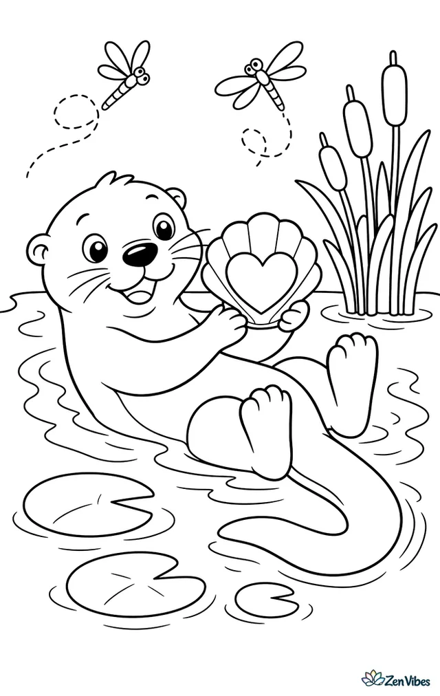 A river otter floats on its back offering a shell-shaped valentine gift, with lily pads nearby, cattails at the shore, and dragonflies looping above calm water.