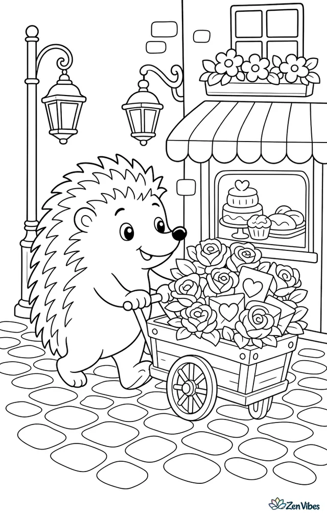 A hedgehog pushes a tiny wooden cart filled with roses and heart cards through a cobblestone lane, past lanterns, window boxes, and a striped awning bakery.