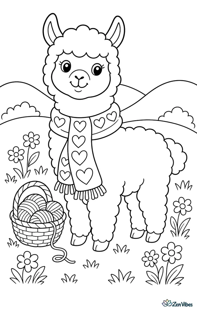 A fluffy alpaca stands in a meadow wearing a knitted scarf patterned with hearts, while nearby baskets hold yarn, wildflowers bloom, and rolling hills stretch behind.