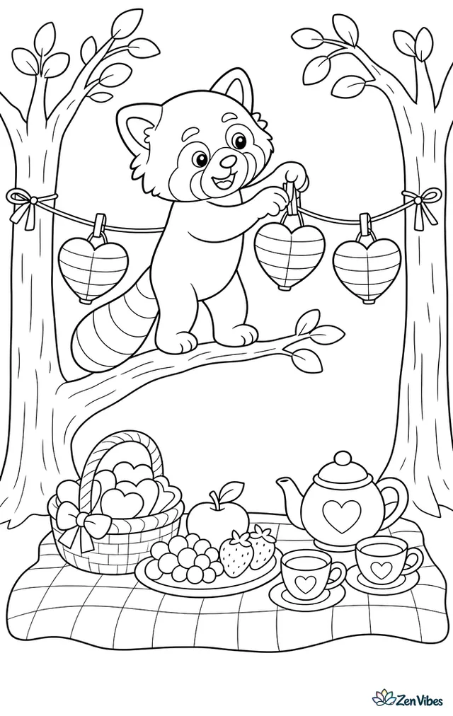 A red panda hangs paper heart lanterns between two trees, balancing on a low branch above a picnic blanket with fruit, teacups, and a basket of valentines.