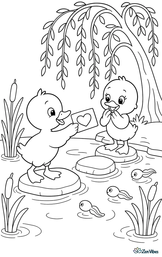 A duckling delivers a valentine card to a friend across stepping stones at a pond, surrounded by reeds, water ripples, tadpoles, and a willow tree.