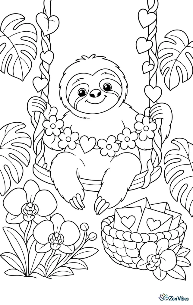 A sloth relaxes on a vine swing decorated with hearts, holding a flower garland while tropical leaves, orchids, and a basket of folded notes fill the jungle scene.