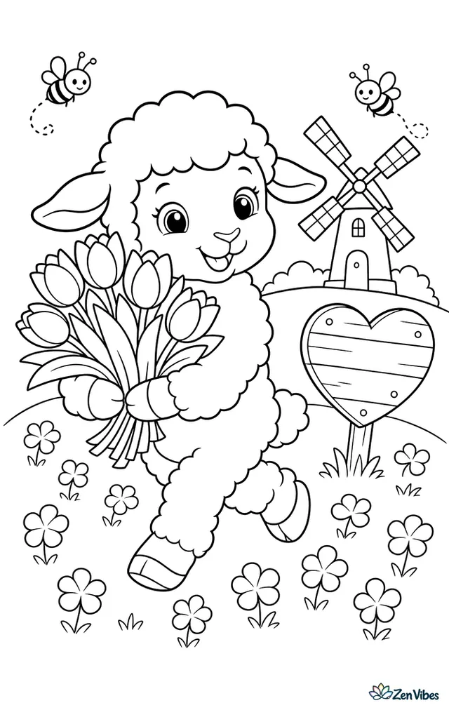 A young lamb carries a bouquet of tulips across a clover meadow, with a windmill in the distance, buzzing bees, and a wooden sign shaped like a heart.