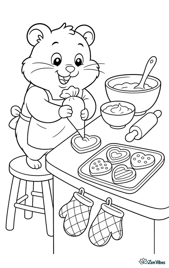A hamster stands on a kitchen stool icing heart cookies, with mixing bowls, a rolling pin, oven mitts, and a tray of cooling treats on the counter.