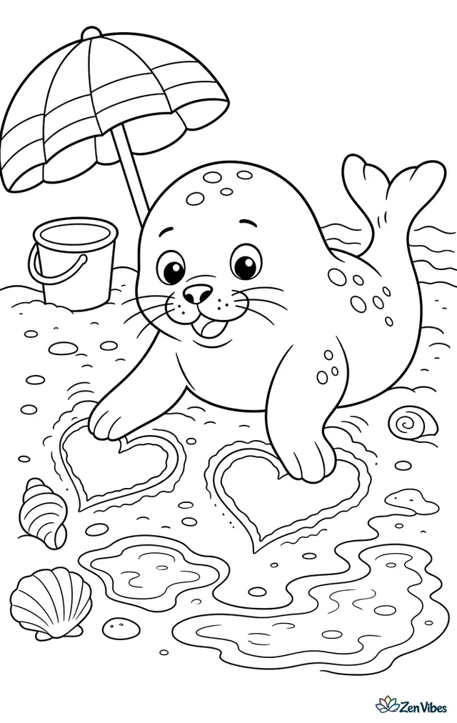 A harbor seal presses flippers into wet sand to make heart shapes near tide pools, with seashells, gentle waves, a striped umbrella, and a bucket nearby.