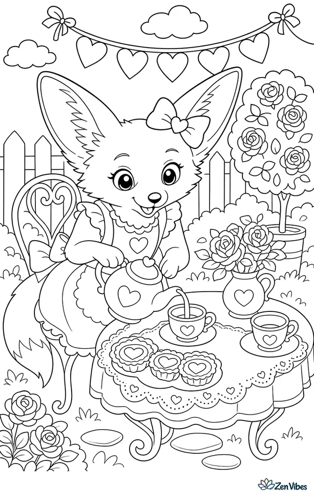 A fennec fox hosts a Valentine tea party in the garden, pouring tea beside jam tarts, lace napkins, heart bunting, and trimmed rose bushes.