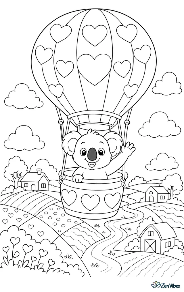 A koala rides in a heart-patterned hot air balloon basket, waving over patchwork fields, winding streams, floating clouds, and tiny farmhouses below on Valentine's morning.