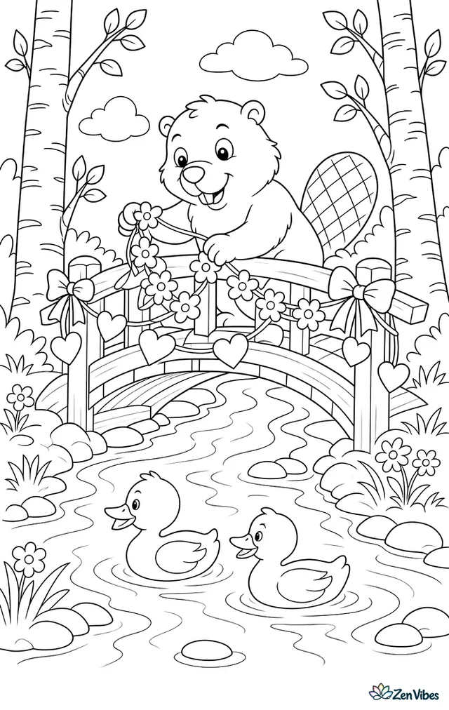 A beaver decorates a small wooden bridge with flower garlands and paper hearts, while a creek flows beneath, ducks paddle past, and birch trees line the banks.