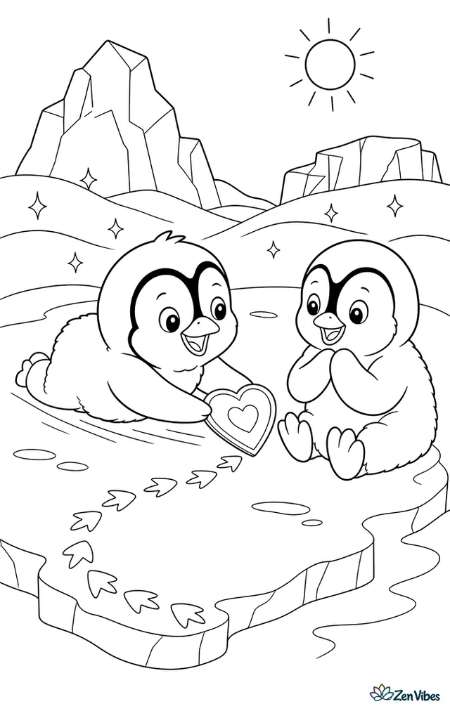 An emperor penguin chick slides a valentine across smooth ice to another chick, with sparkling snowdrifts, distant icebergs, fish-shaped footprints, and a pale sun overhead.